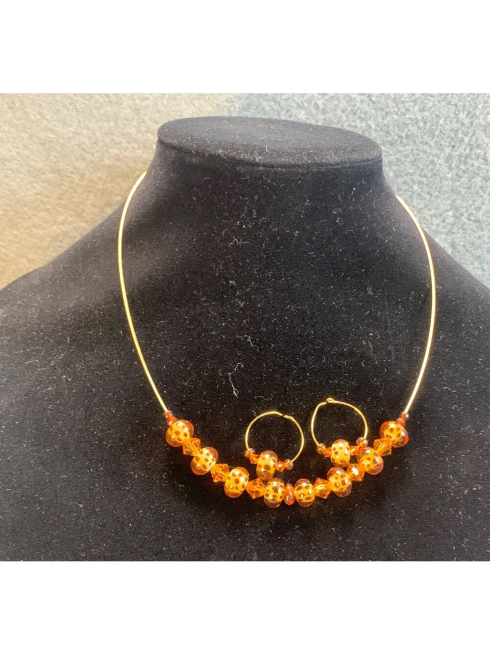 Lampwork Glass Tiger Bead Necklace Earring Set Gold Tone Finish Adjustable